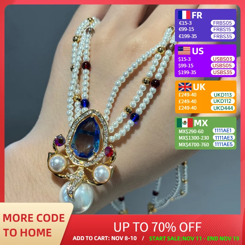

Vintage Pearl Necklace Jewelry Blue Crystal Pendant Luxury Designer Designer Bride Choker Neck Women Accessories Gift Wedding