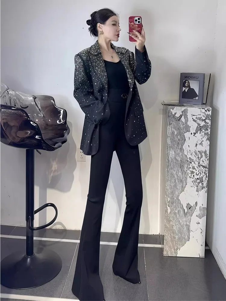 Giacca da abito da donna da ufficio primaverile Moda vestibilità ampia con diamanti Design Blazer neri Top manica lunga Nuove donne Capispalla elegante