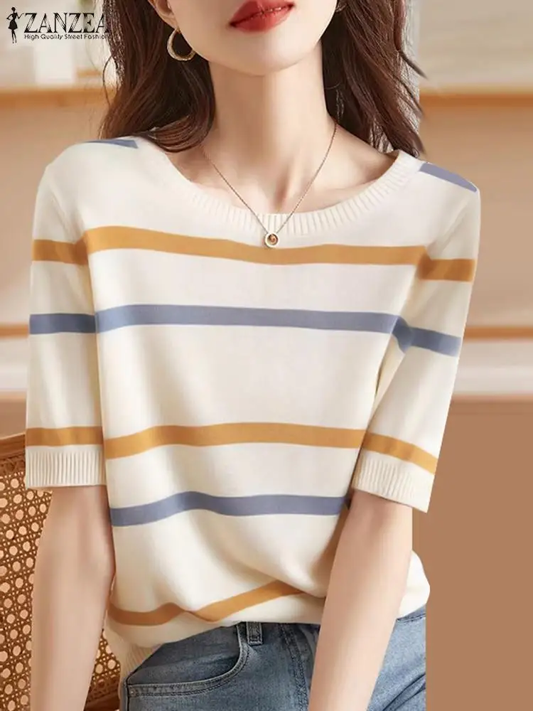 ZANZEA Korean Casual Knit T-shirt Women Harajuku Color Stripe Tees Blouse Summer Vintage Half Sleeve Tops 2024 Basic Loose Tops