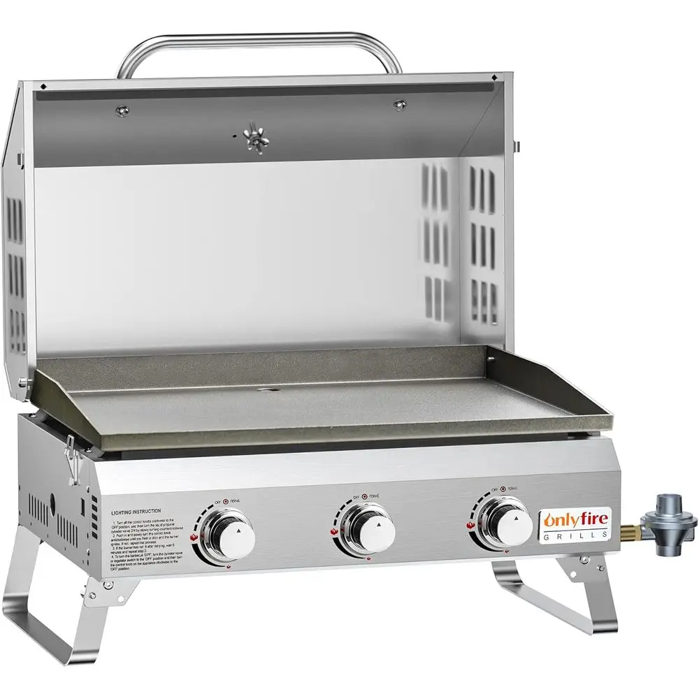 

Portable 3-Burner Propane Gas Grill Griddle with Foldable Legs for Outdoor Cooking, Patio, Camping, and RV Use, Stainless Steel