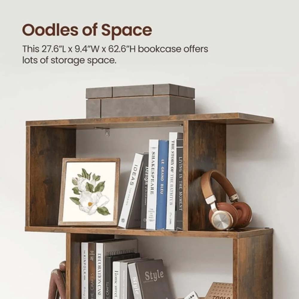 رف كتب بني ريفي مكون من 5 طبقات، ومقسم للعرض والغرفة، ووحدة رفوف تخزين قائمة بذاتها