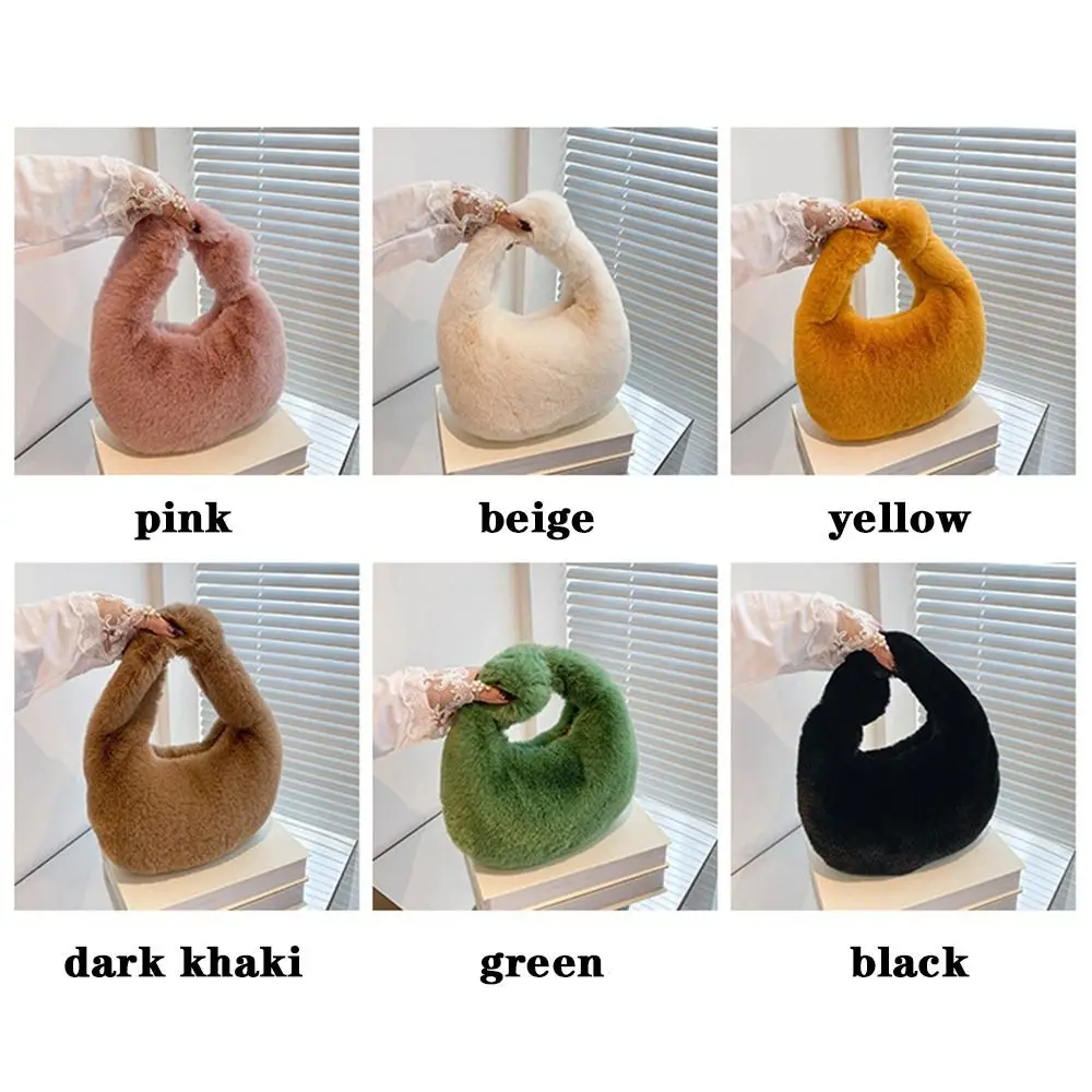 Fur Handbags Women\'s Small Half Moon Bag Warm Plush Wrist Bags Fashion Furry Short Handle Clutch Cute Ladies Coin Purses