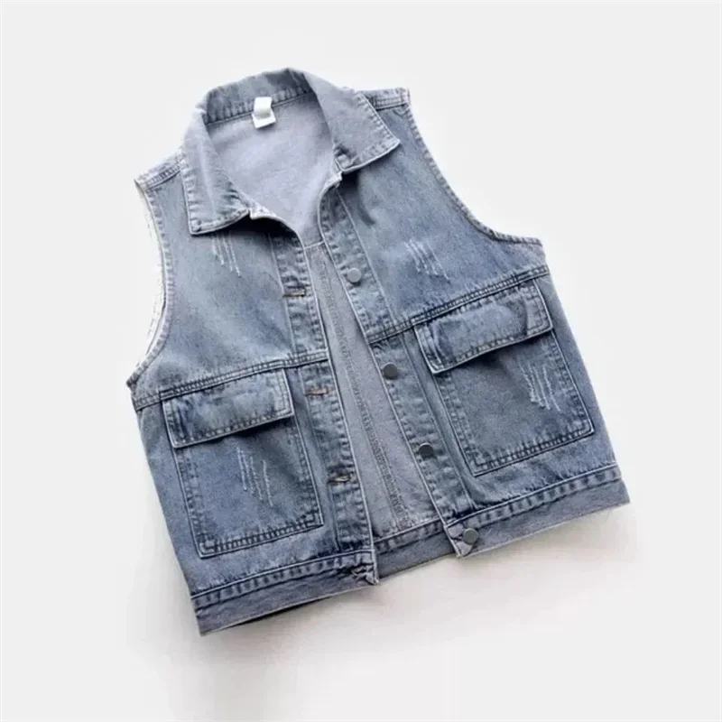 Veste courte en denim émaillé pour femme, gilet de cow-boy simple, manteau de fibre à grandes poches, haut femme, printemps, été, nouveau, 2024