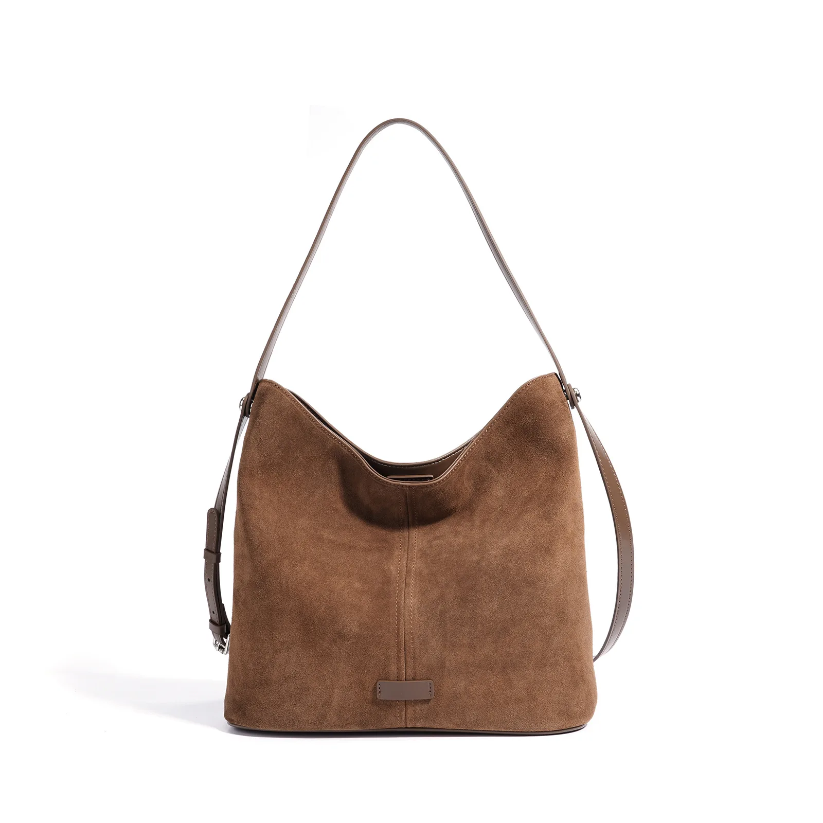 

Suede spliced ​​cowhide bucket bag new autumn and winter design vintage large capacity women's one-shoulder crossbody bag