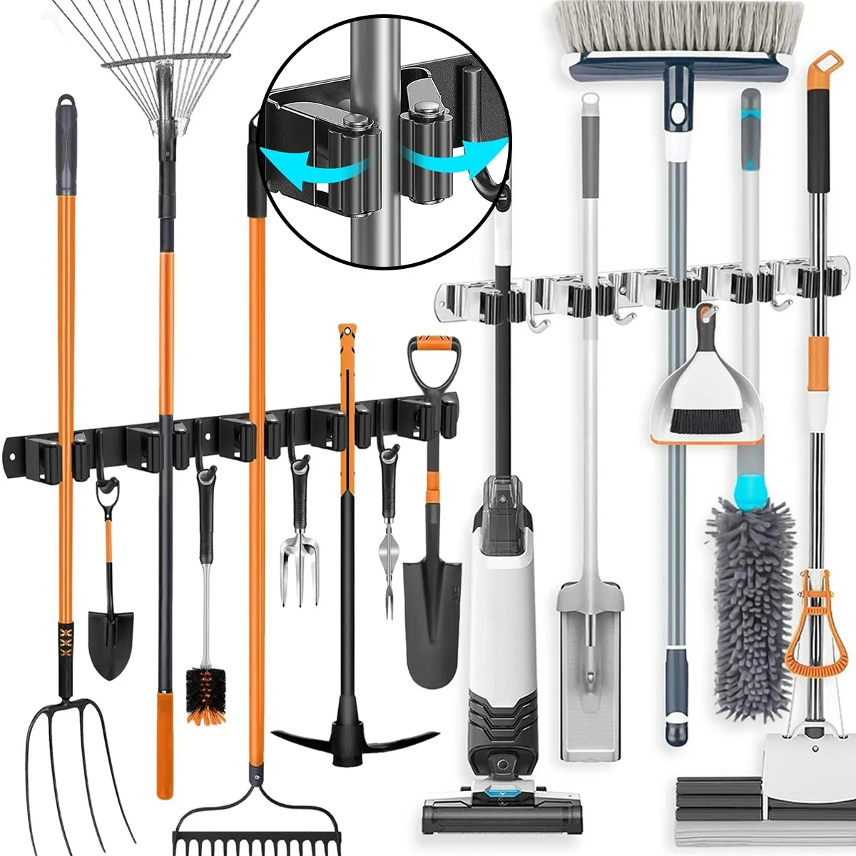 Stainless Steel Mop and Broom Holder Wall Mounted Multi-Functional Bathroom Kitchen Storage Rack Garage Garden Tools Organizer