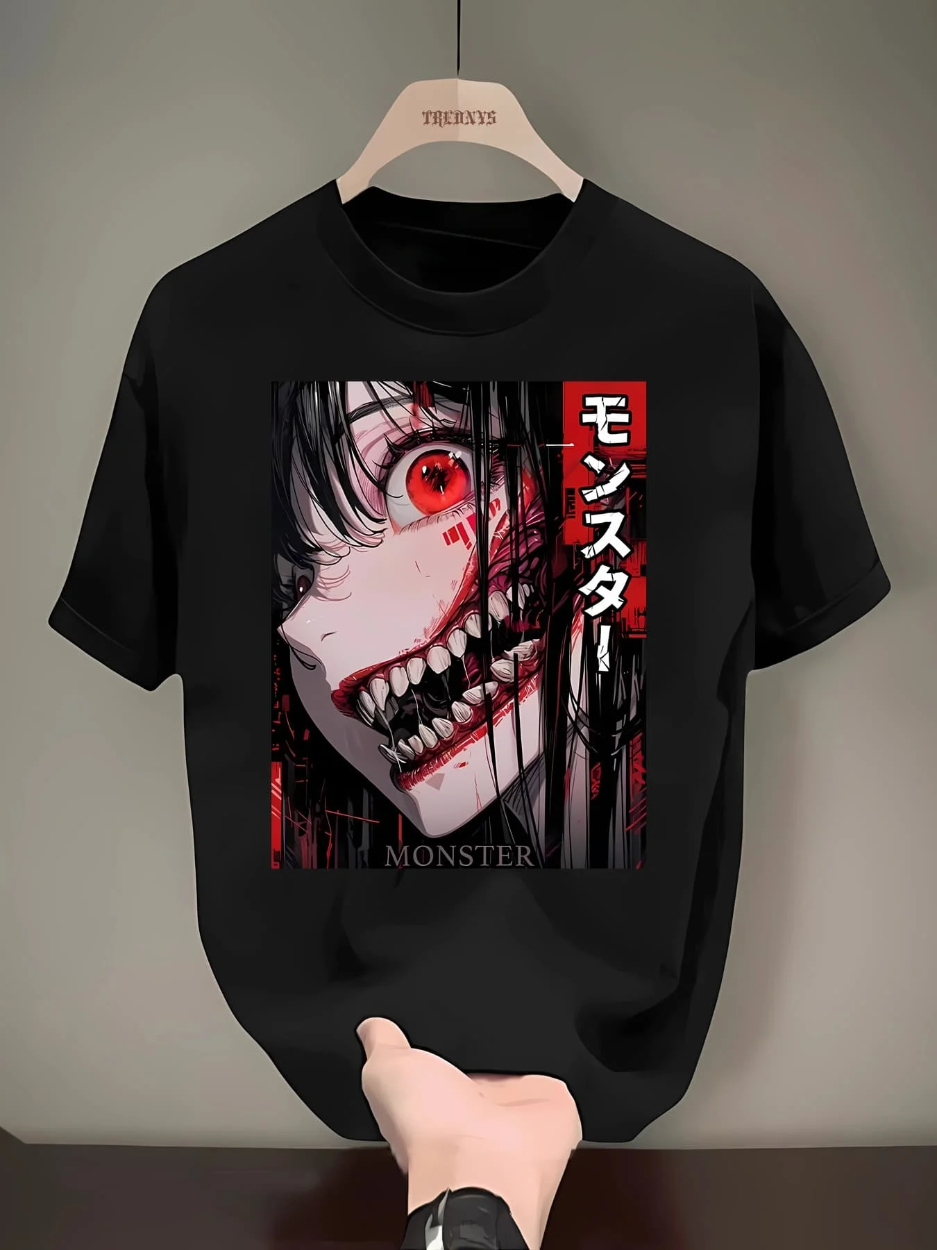 Men's and Women's Horror Anime Monster Print T-shirt Red Eye Pattern Short Sleeved T-shirt Casual Street Wear Summer Top