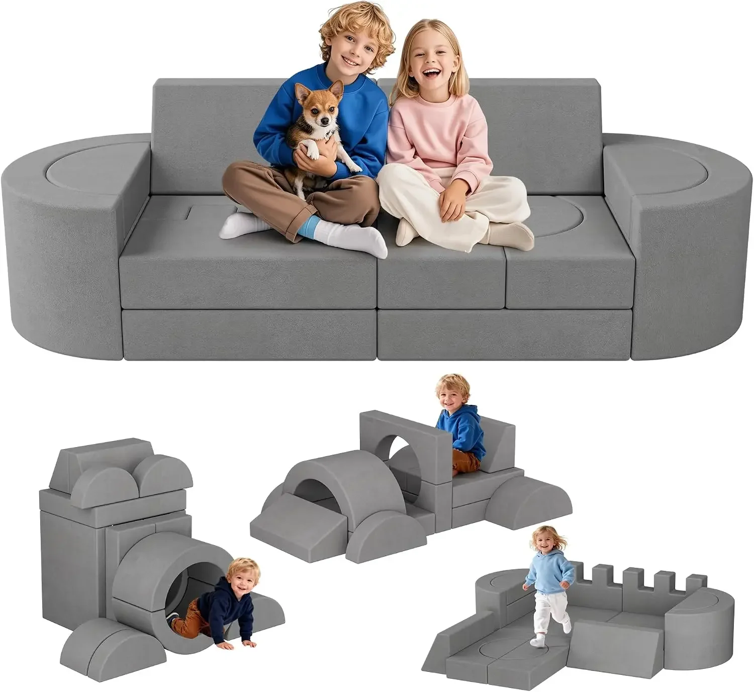 68 Inch Extra Large Modular Kids Play Couch, Toddler Foam Couch, 16Pcs Fort Pillows for Kids, Playroom Decor for Boys and Girls,