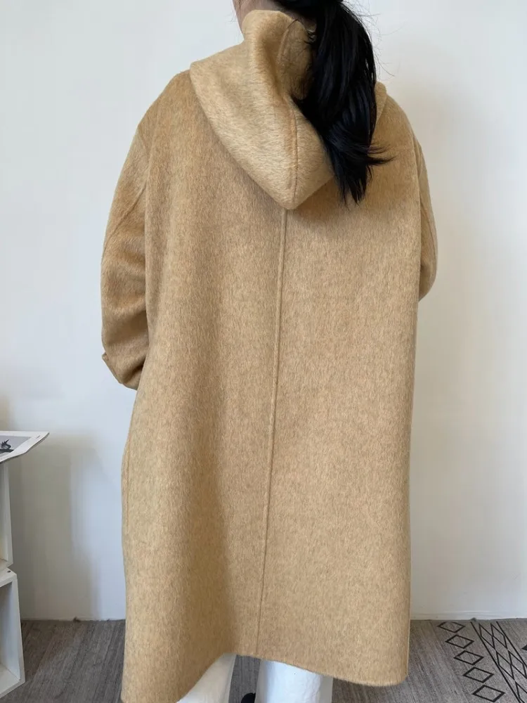 Winter Women Fashion Mid Length Turn Down Collar Woolen Coat Warm Long Loose Single Breasted Hooded Solid Color Lady Outerwear