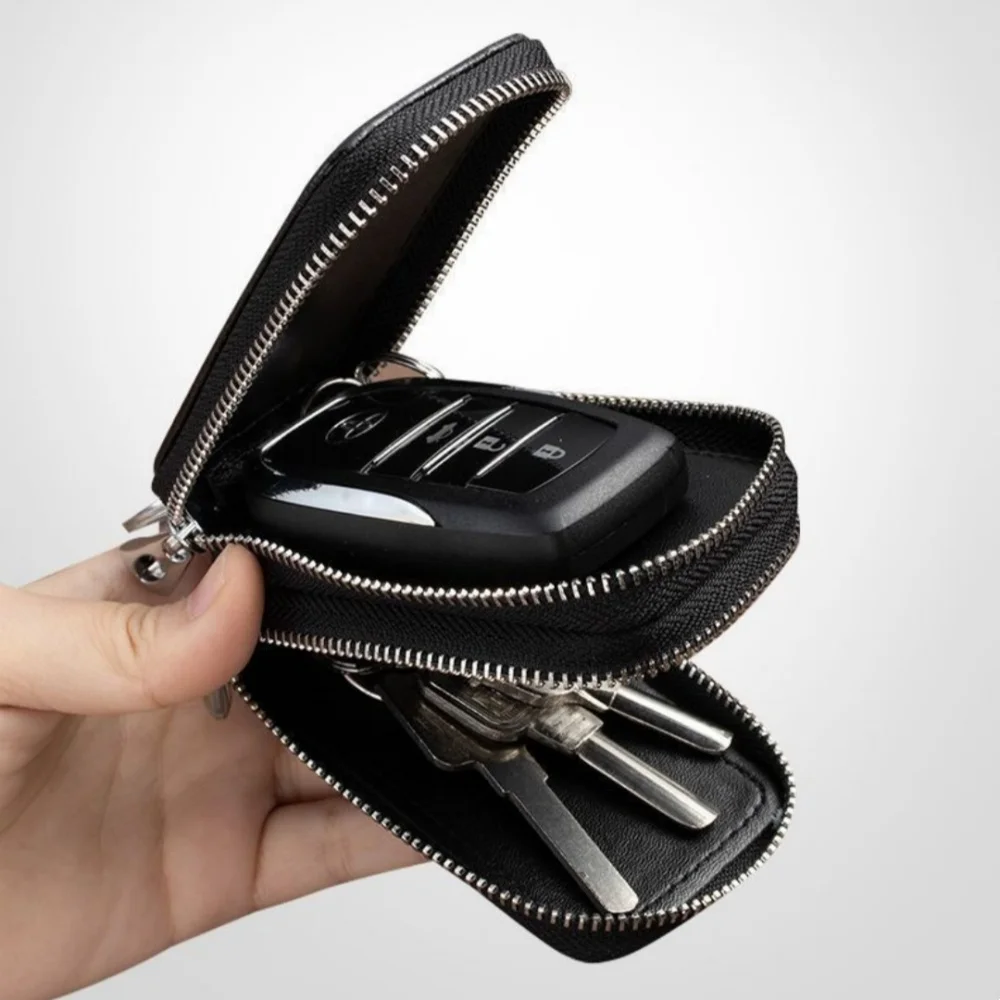 Leather Double-layer Car Key Bag Men's and Women's Key Case with Keychain Unisex Crocodile Print Zipper Key Holder Organizer
