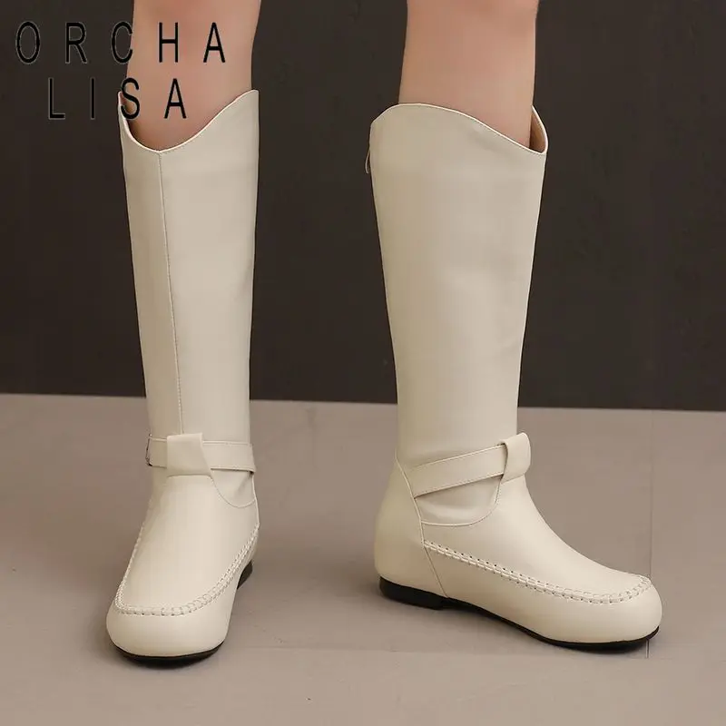 

Fashion Female Mid Calf Boots Round Toe 3.5cm Increased Heel Back Zipper Belt Buckle Large Size 43 44 45 Daily Autumn