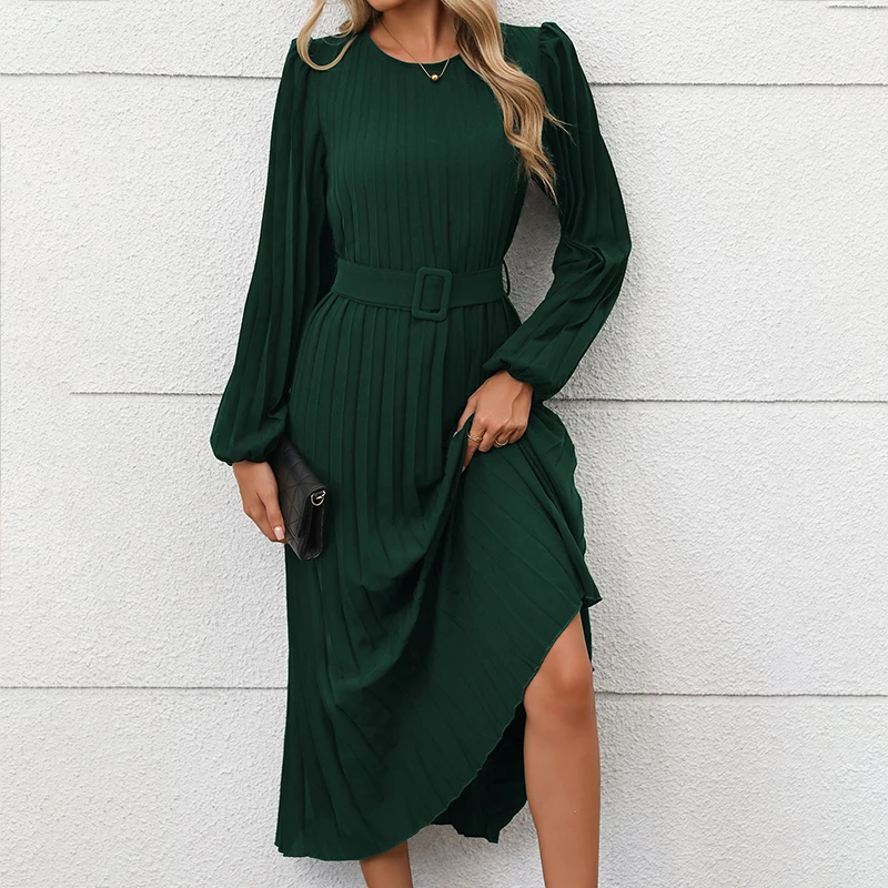 EVNISI Elegant Women Dark Green Dress With Belted O-neck Long Sleeves Office A-line Dresses Lady Party Nightclub Pleated Vestido