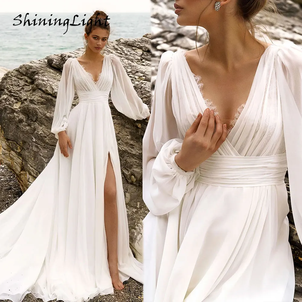 

ShiningLight Sexy Chiffon Beach Wedding Dresses High Split Long Puff Sleeve A-line Lace Bridal Gowns Robe De Mariée Customized