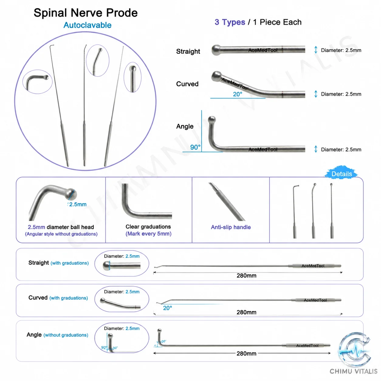 【CHIMU VITALIS】Nerve Root Probe, 2.5mm Diameter, Straight/Curved/Angled Tip Options, Stainless Steel Instrument