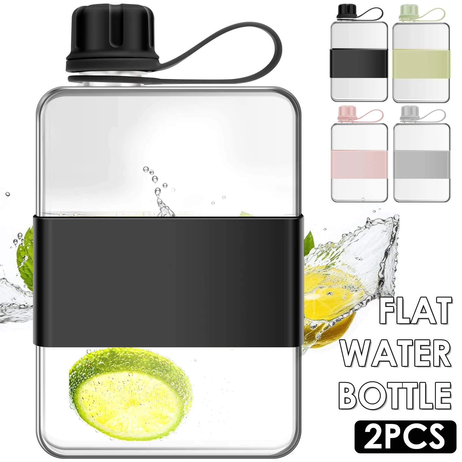 1/2 Pcs 500 ML Flat Water Bottle Slim Flat Drinking Bottles Portable Leak Proof Plastic Water Flask with Handle for Sport Travel