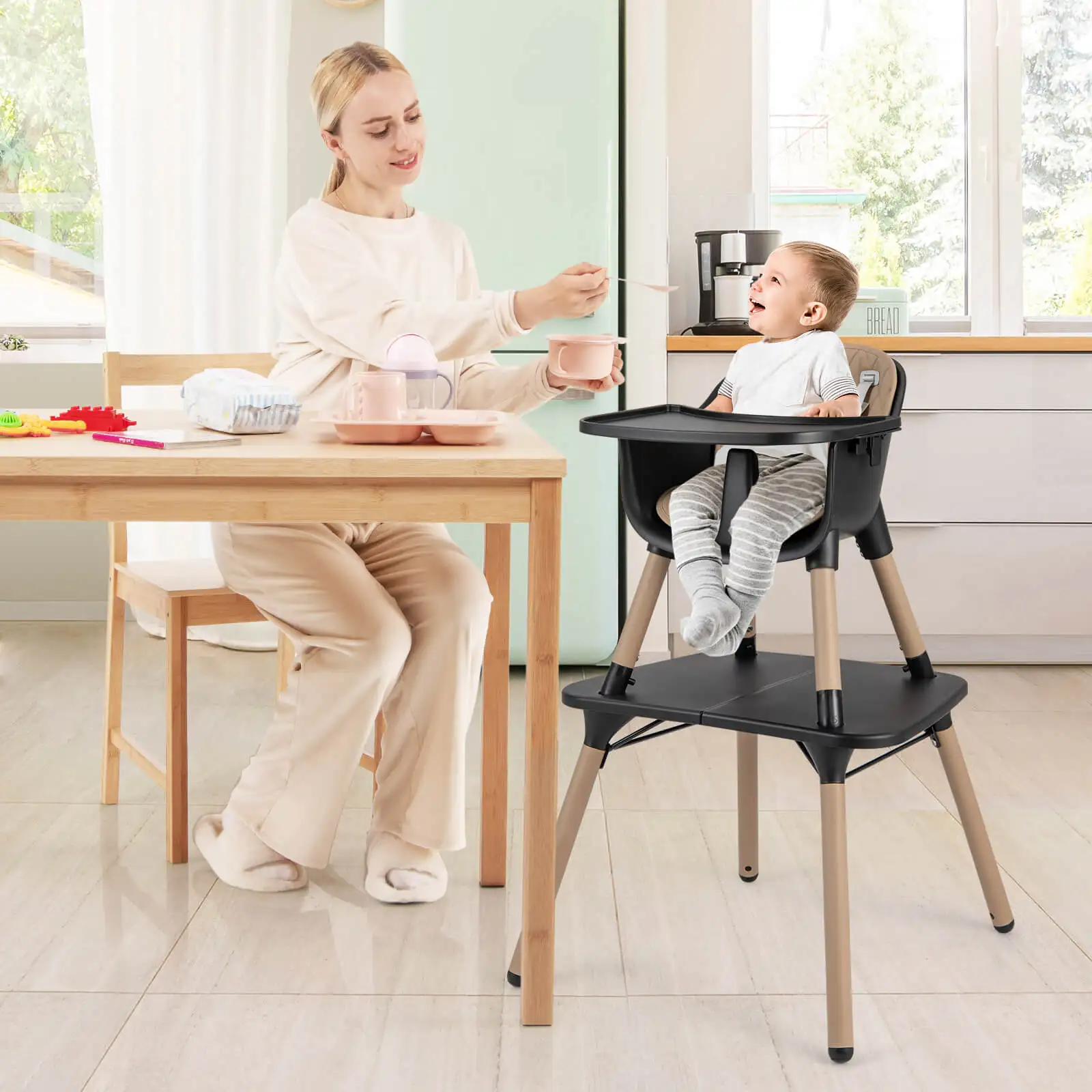 Babyjoy 4 in 1 Baby High Chair Convertible Toddler Table Chair Set w/ PU Cushion