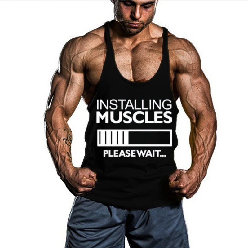 

Men's Muscle Gym Tank Top - Cotton Sleeveless Stringer with "Installing Muscles" Print, Fitness Workout Vest