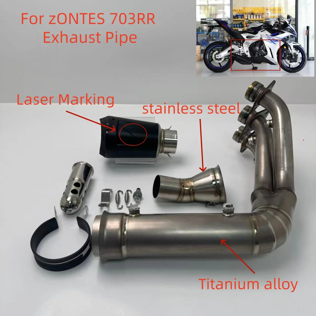 For ZONTES 703RR 2024/2025, Motorcycle Muffler Assembly, Titanium Front Exhaust Pipe, Stainless Steel Middle Link Pipe with DB K