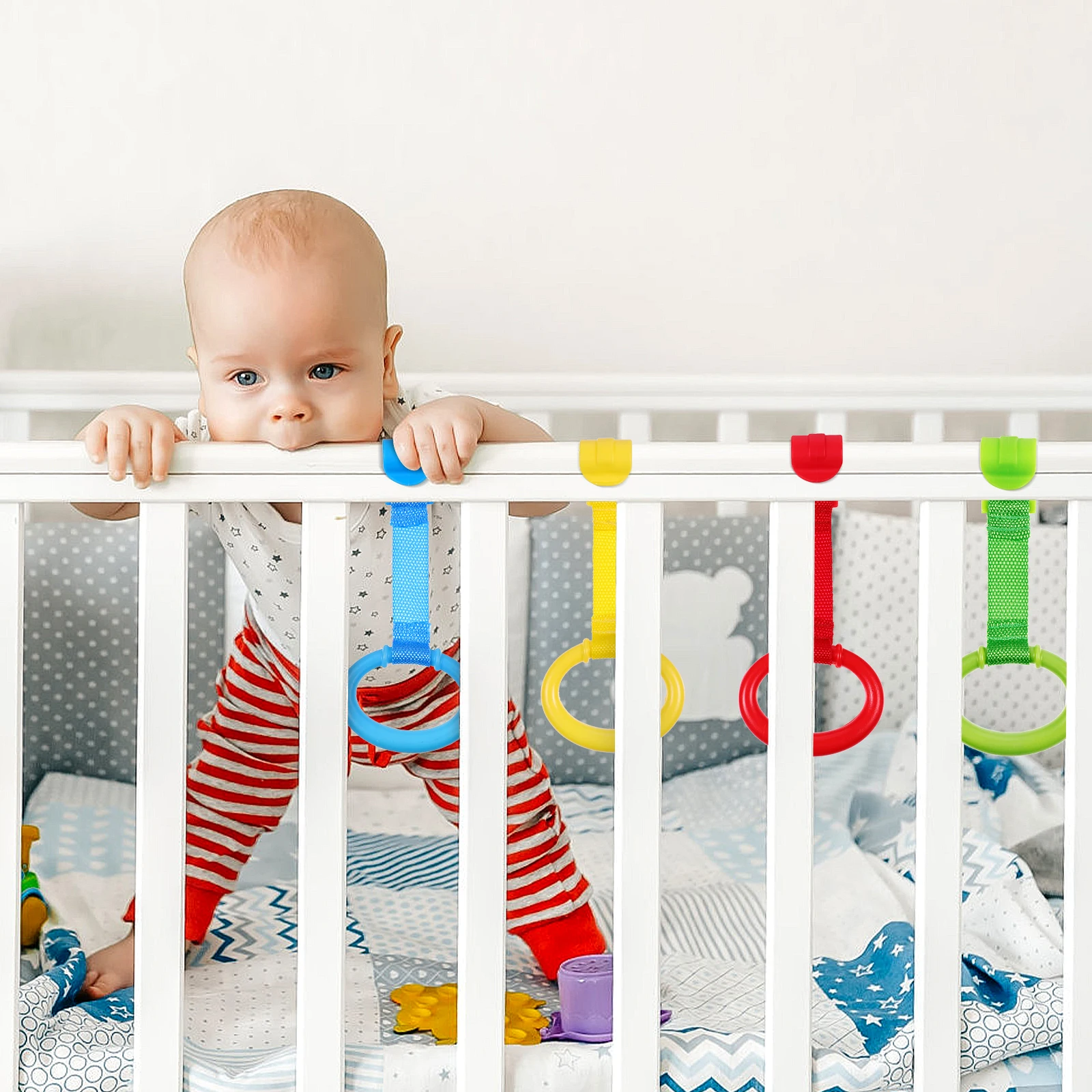 

4pcs Baby Standing Pull Rings Red Yellow Green Blue Comfortable Grip Assist Toddlers Learn Stand Walk Sturdy Plastic Safe Clip