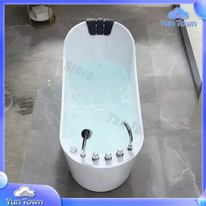 Modern Whirlpool Air Jet Bathtub for Bathroom SPA Massage Tub Standing Acrylic Soaking Tub with Shower Faucet White for Home