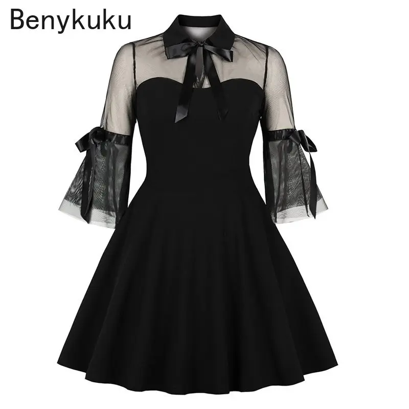 

Women Gothic Lace Mini Dress Sexy See Through Flare Sleeve 2024 Summer Female Party Vintage Casual Short Black Mesh Goth Dresses