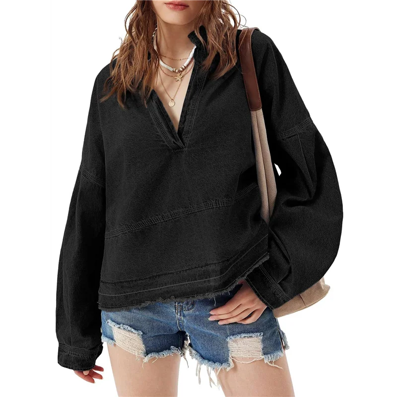 

NEW-Womens Denim Tops Pullover Trendy Casual V Neck Loose Fit Puff Sleeve Jean Cotton Shirts