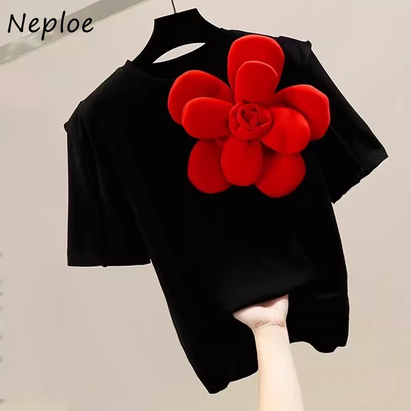 Neploe Fashion Sweet 3D Flower O-neck White T-shirts Y2k Short Sleeve Loose Tee Shirt 2024 Summer New All-match Tops Women