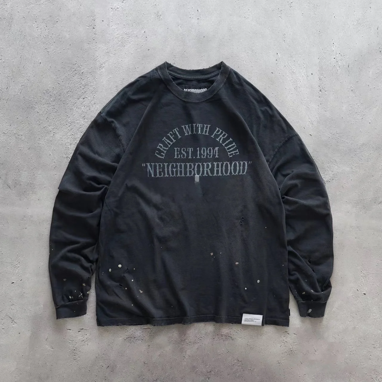 

Heavyweight Wax Print Destroyed Ink Long Sve Hoodie Pure Cotton Japanese Sle NEHBDRHODD Youth Loose Fit round Ne T-S...