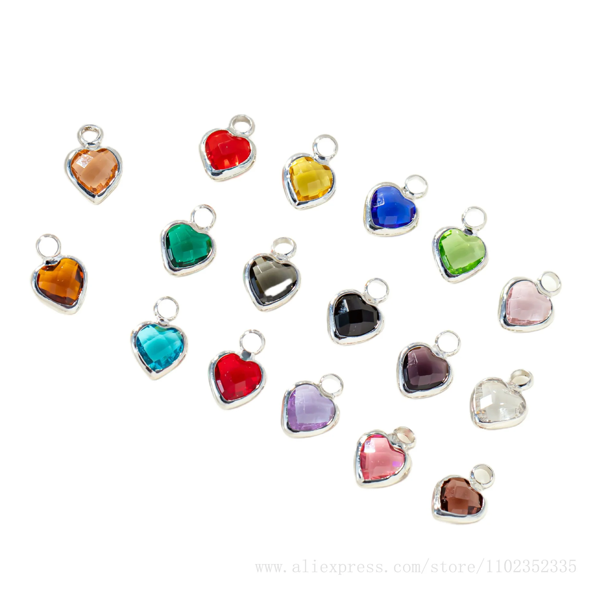 silver Plating 12 Month Zodiac Crystal Heart Shape DIY Birthstone Charm Pendant for Jewelry Making Bracelet Necklace 50pcs/ Bag