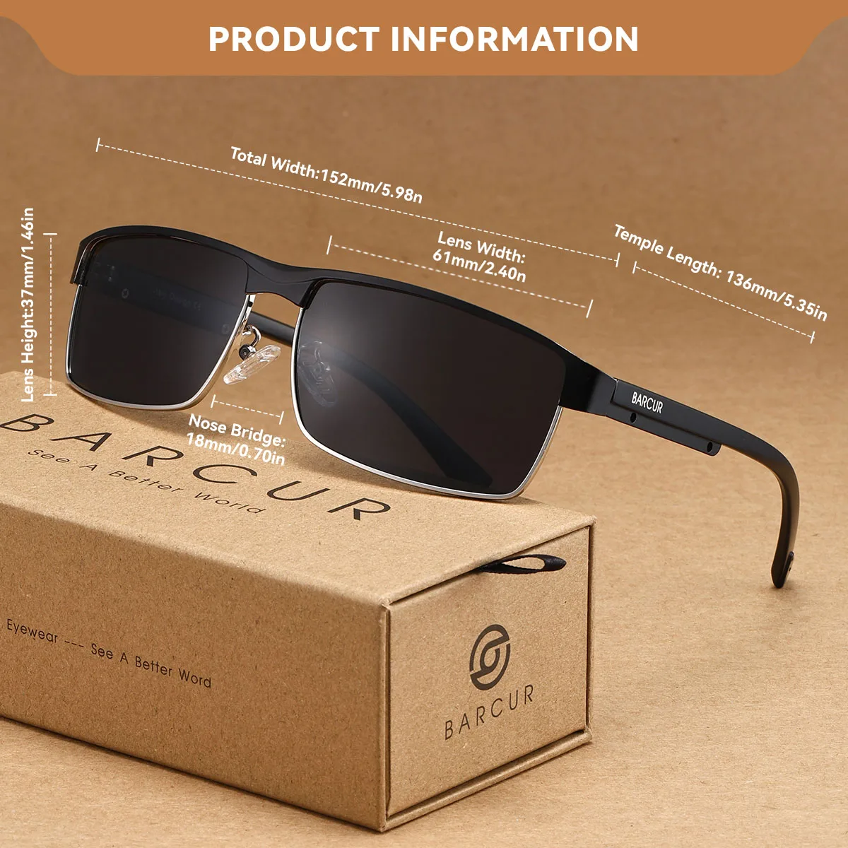 BARCUR 1PCS 여성용 편광 선글라스 박스 메탈 프레임 대학 스타일 남성용 안경 운전 사진 촬영 휴가 선물 선택