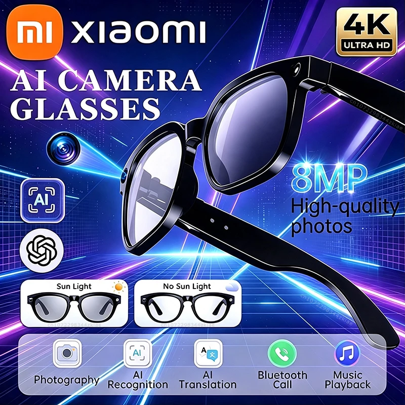 Умные очки Xiaomi 4K AI с камерой 800 МП, фотохромные, с технологией стабилизации изображения, многофункциональные, с аккумулятором 290 мАч