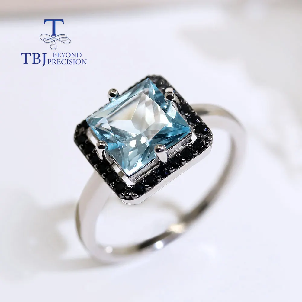 Natural Sky Blue topaz Ring square 8mm real  gemstone ring simple Daily design women 925 sterling silver fine jewelry