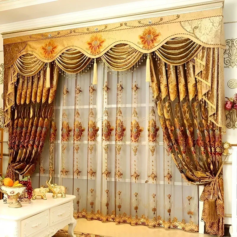 Custom Size Embroidery Curtains for Living Room Tulle Valance Bedroom Set Drapes Golden Hall Blackout Sheer Decor Elegant Floral