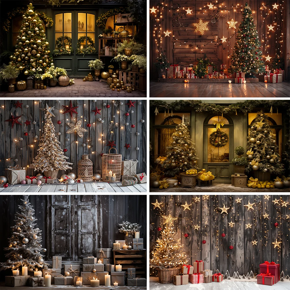 

Christmas Photography Background Xmas Tree Sparkling Stars Fireplace Gifts Family Portrait Decor Backdrop Photo Studio