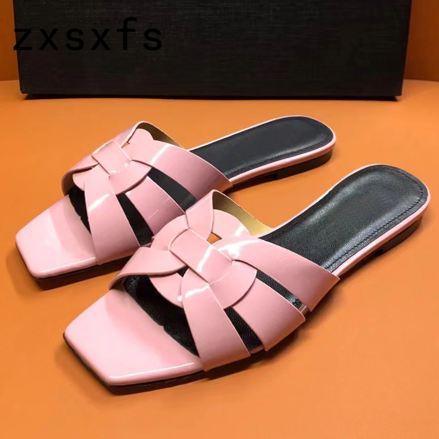 

Summer Weave Leather Flat Slippers Women Square Toe Holiday Beach Shoes Ladies Slip On Slides Loafers Designer Sandalias Mujer