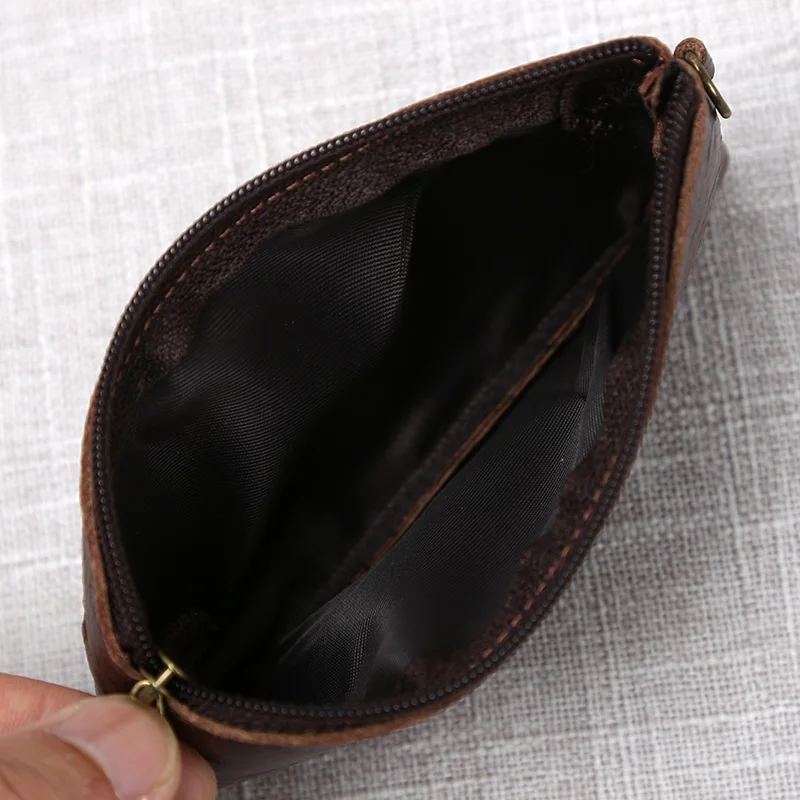 Retro Cowhide Leather Slim Wallet Original Handmade Small Change Coin Holders for Mens Key Cards Cases Double Zipper Pouches