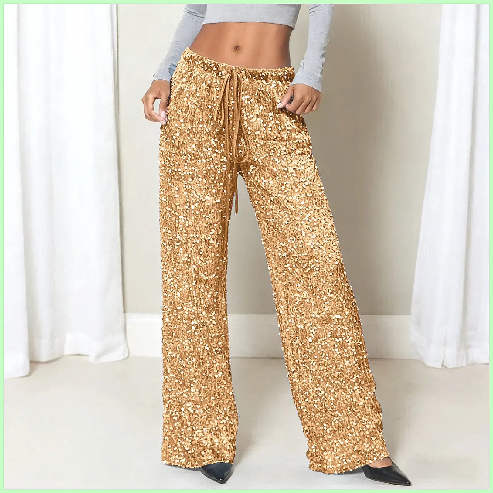 Carnival Sequin Glitter Pants for Women, High Waist Stretchy Wide Leg Shiny Trousers