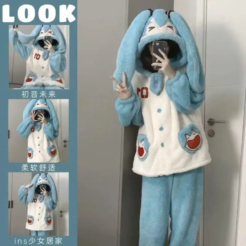 الشتاء Miku المرأة منامة قطعتين مجموعة ملابس المنزل فضفاضة السراويل خريف شتاء دافئ طويل الأكمام ملابس خاصة المرأة المتسكعون