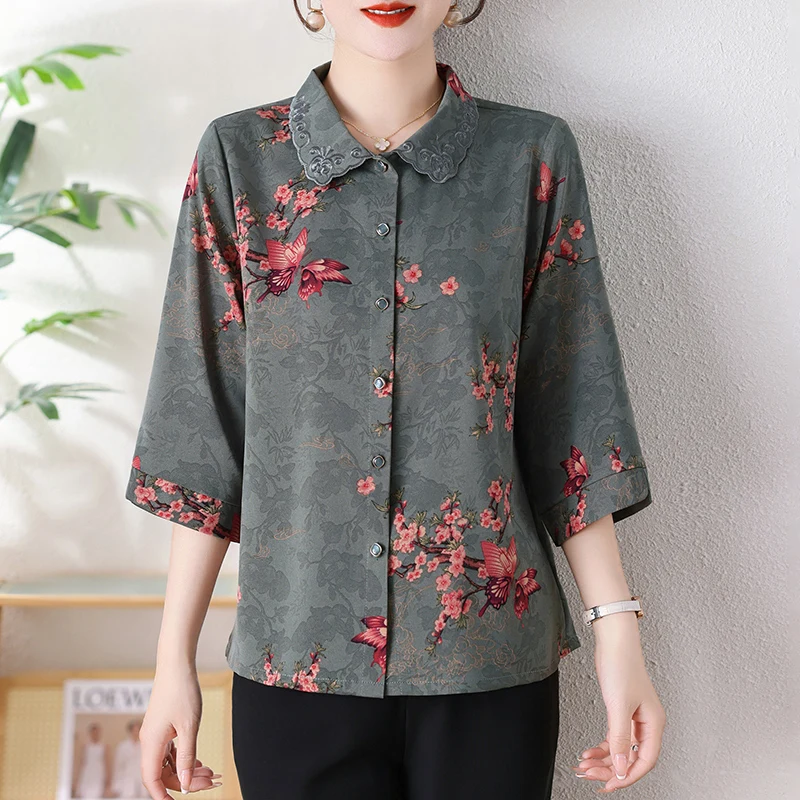 Temperament Versatile Summer Printing Women\'s Square Neck Embroid Single Row Multi Button Elegant 3/4 Sleeve Loose Shirt Tops