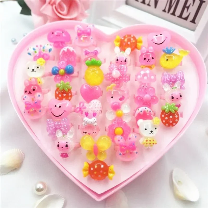 

10Pcs/Lot Kids Mini Cartoon Jewellery Rings Multi-pattern Cute Candy Animal Bow Shaped Finger Rings Mixed Dress Up Ring