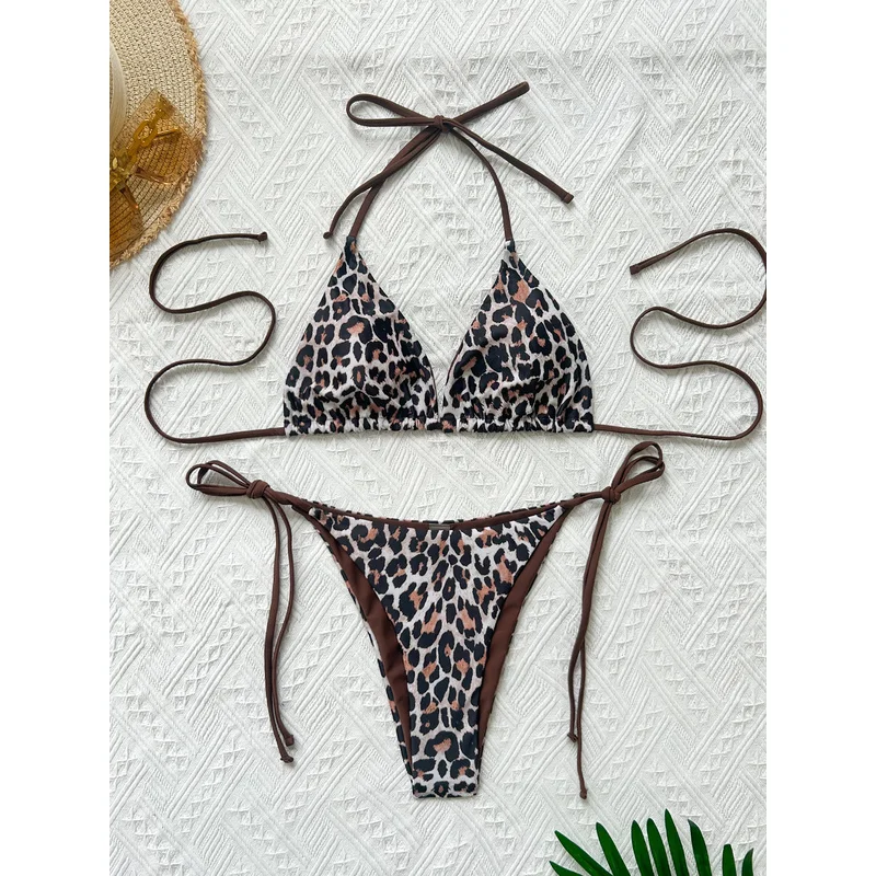 JEWELRY SEN Women 2‑Piece Leopard Print Bikini Set Halter Tie‑Up Triangle Top Side‑Tie Bathing Suit Beach Swimwear