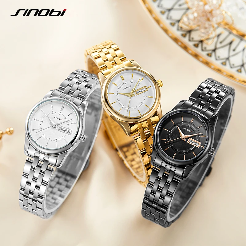 SINOBI Original Design Ladies Watches Fashion Dress Woman\'s Quartz Wristwatches Golden Top Luxury Couple Clock Gifts for Husband