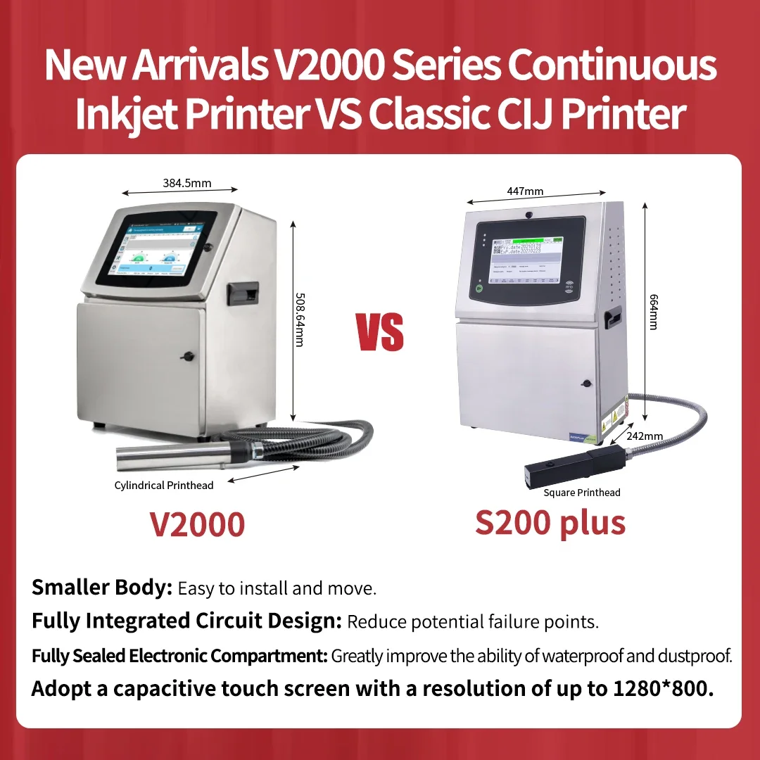 V2000 Automatic Industrial Logo Date Inkjet Printer CIJ Continuous Dot Matrix Coding Machine with New Cable