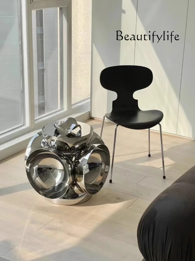 Silent Style Stainless Steel Mirror Art Device Minimalist Daylight Wheel Space Feeling Side Table Living Room Corner Table