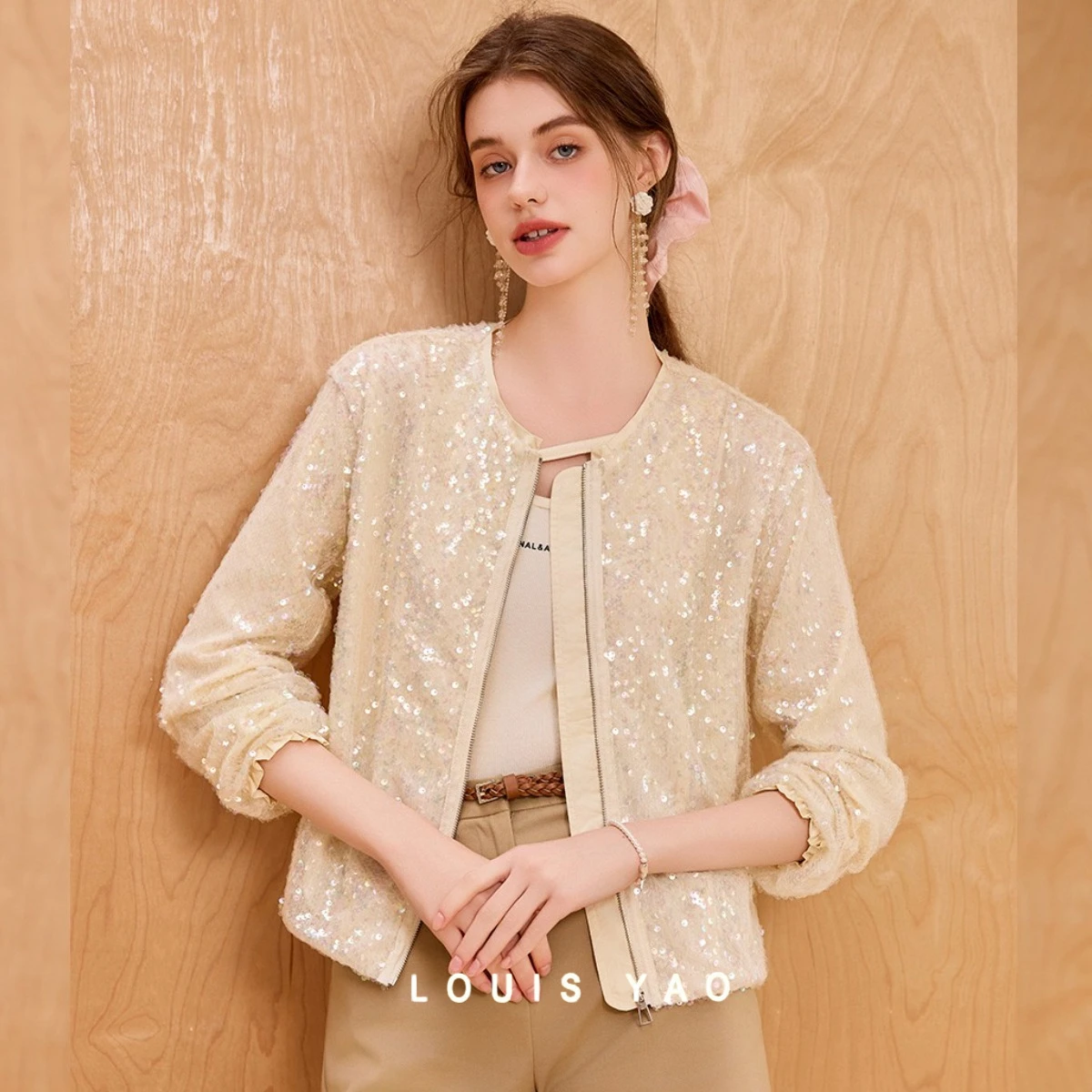 

LOUIS YAO Sequined Design Women's Jacket 2025 Autumn Round Collar Sparkling Non-Stretchy Loose-Fit Outerwear Stylish Coats Top