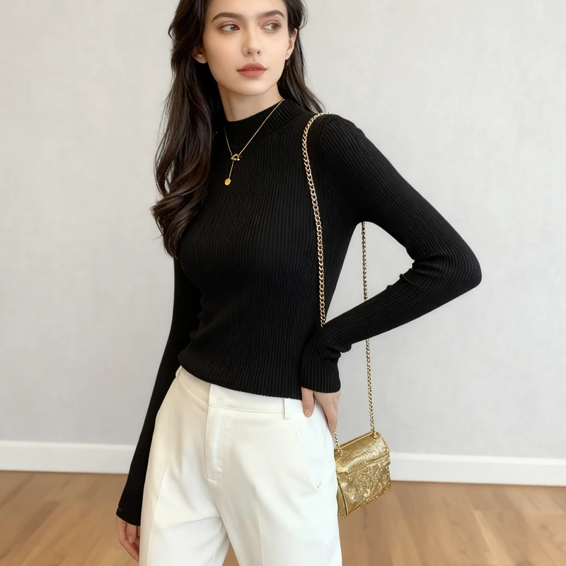 

2025 Classic Mock Neck Women's Sweater Women Autumn Long Sleeve Slim Fit Bottoming Pullover Casual Simple Solid Color Knitwear