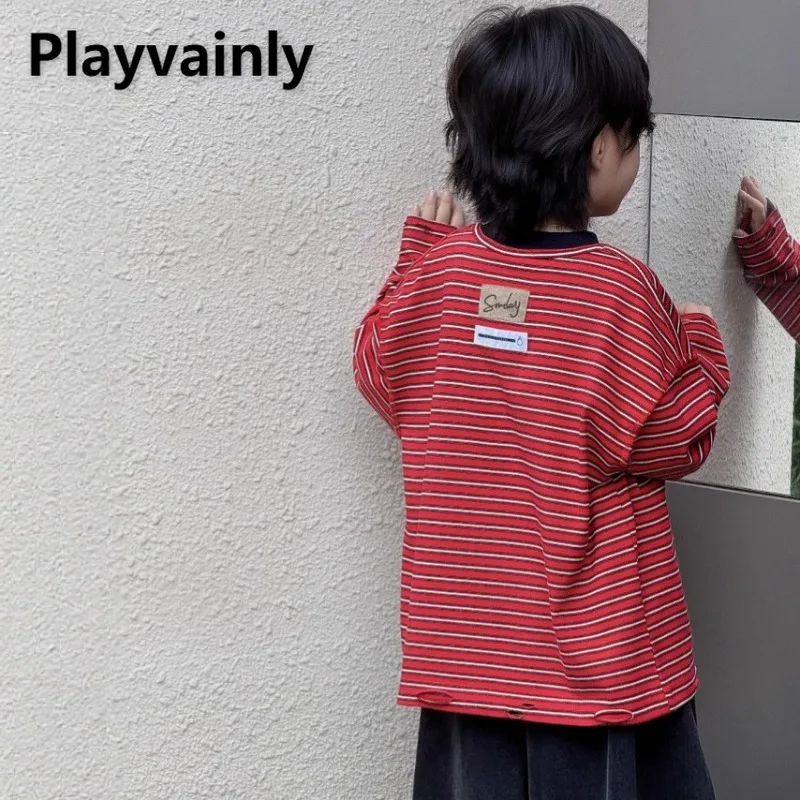 

2025 New Spring Autumn Boys' Trendy Loose T-shirt Red Stripe O-neck Long Sleeve Tees Children Retro Versatile Tops A50691