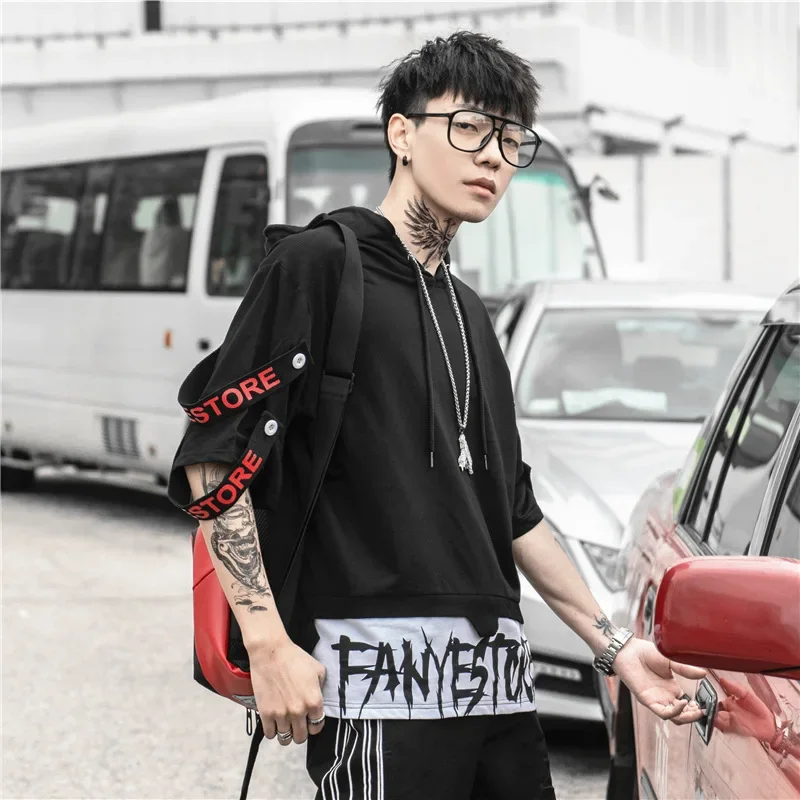 EAEOVNI Mens Hooded Hip Hop T Shirts Fashion Hip Hop Short Sleeve T-shirt Male High Streetwear Party Dancing T Shirt Summer Tees