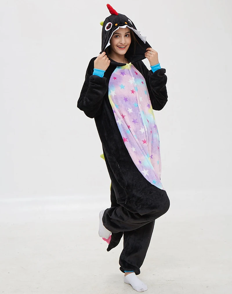 Amused Black Dragon Hooded Flannel One-piece pajamas Button Onesie Couple Sleepwear Comfortable Leisure wear