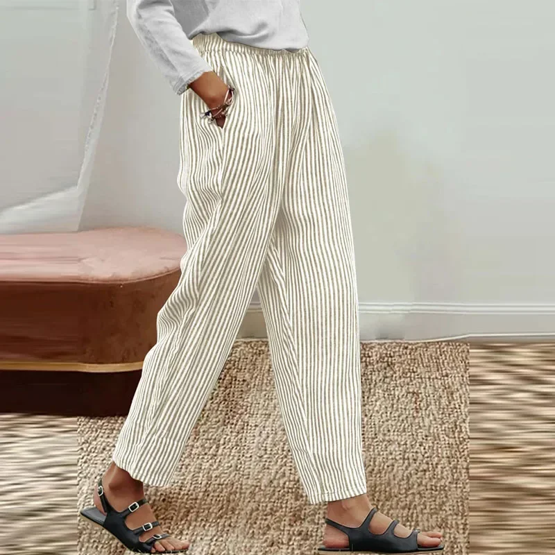 

2024 Women Striped Simple Pencil Pants Fashion Casual Cotton Linen Streetwear Long Pant New Autumn Lady Middle Waist Pocket Pant