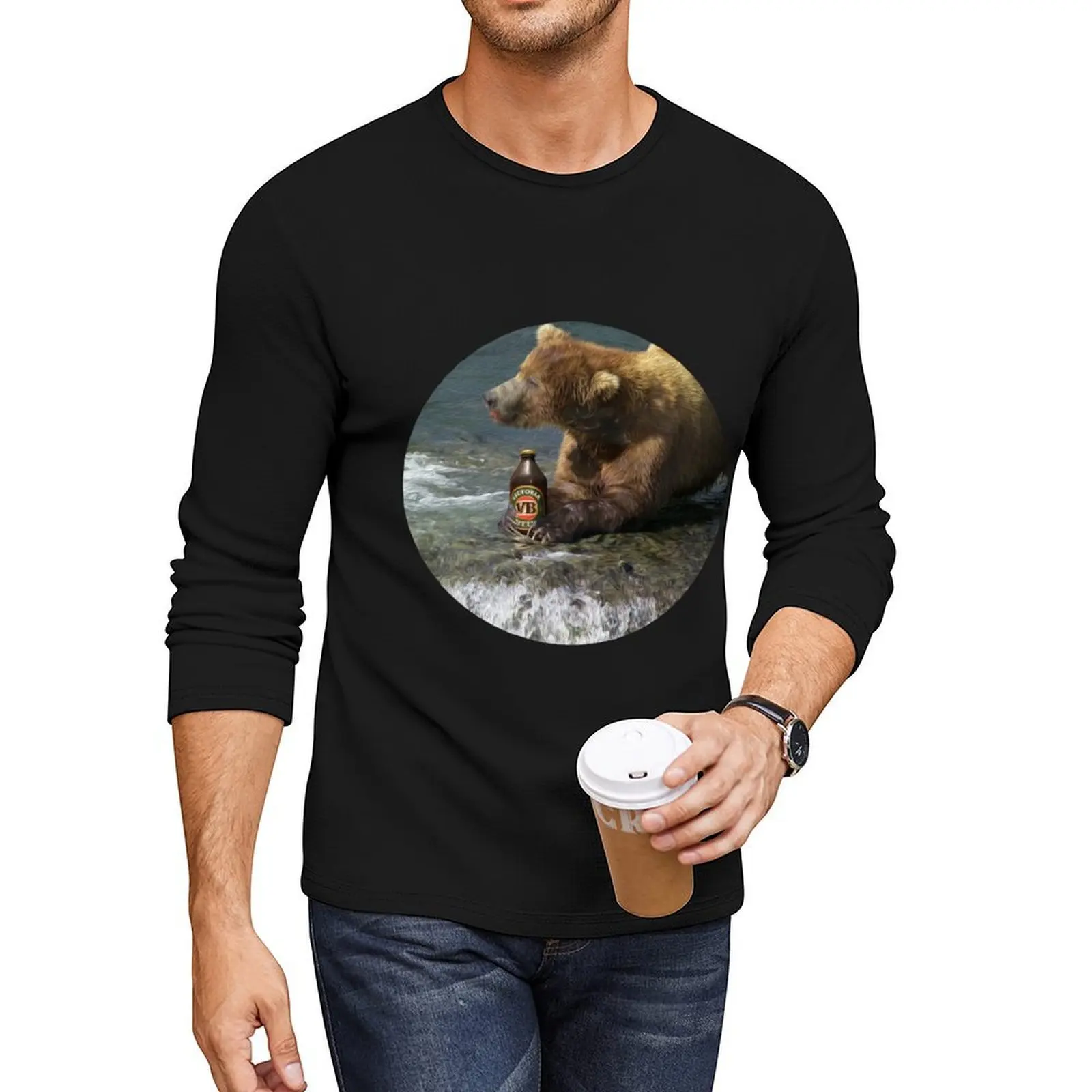 

Bear catching beer in a river (Round) Long T-Shirt korean fashion graphics t shirt man clothes fitted t shirts for men